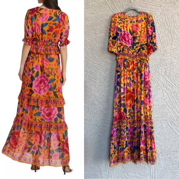 FARM RIO Yellow Pink & Blue Tropical Floral Dream V
Neck Tiered Frill Maxi Dress - Picture 6 of 15